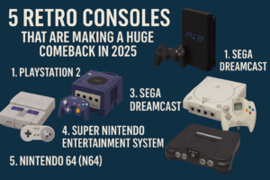 A landscape infographic titled "5 Retro Consoles That Are Making a Huge Comeback in 2025" set against a dark blue background. It features labeled images of the PlayStation 2 with controller, Nintendo GameCube, Sega Dreamcast, Super Nintendo Entertainment System (SNES), and Nintendo 64 (N64), each displayed with their matching controllers in a clean, visually appealing layout.