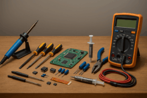 A well-organized electronics repair workstation on a wooden workbench featuring a soldering iron in its stand at left, three precision screwdrivers with yellow-black handles, a green PCB with chips and capacitors, a syringe of thermal paste, diagonal and needle-nose pliers, a set of small capacitors and IC chips, a multimeter with red and black probe cables, and two additional screwdrivers laid out against a neutral gray backdrop.